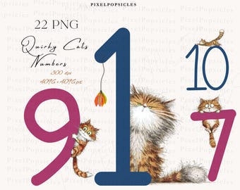 Quirky Cat Watercolor Numbers 1-10 (PNG Digital Download)
