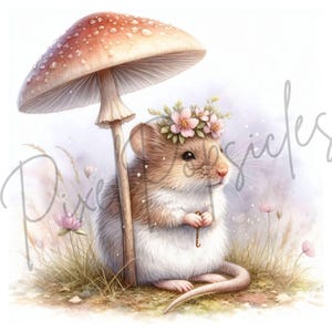 May include: A small, brown and white mouse wearing a flower crown sits under a brown mushroom with white spots. The mouse is holding a small key in its paws.
