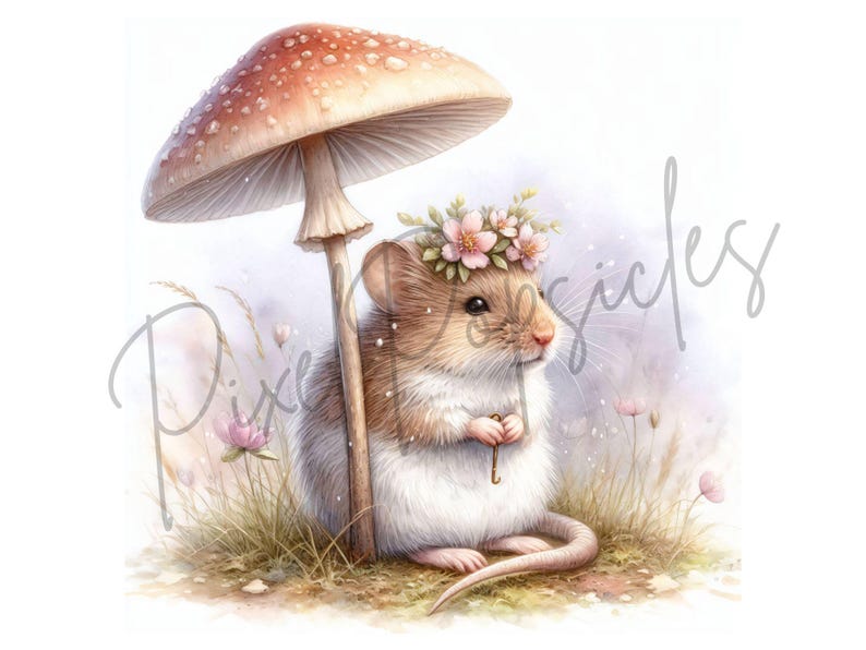 May include: A small, brown and white mouse wearing a flower crown sits under a brown mushroom with white spots. The mouse is holding a small key in its paws.
