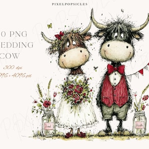 May include: A whimsical illustration of two Highland cows dressed for a wedding. The cow on the left wears a white dress and holds a bouquet, while the cow on the right wears a red vest and bow tie. The image includes text that reads "10 PNG WEDDING COW".