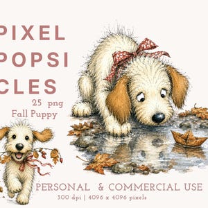 Imágenes prediseñadas de cachorros de otoño, gráficos de perros de otoño en acuarela, juegos en charcos (uso comercial)
