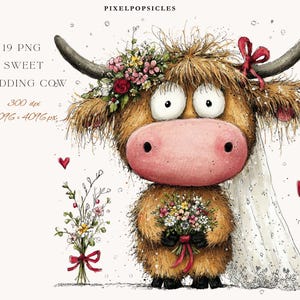 May include: A whimsical illustration of a Highland cow in a wedding theme. The cow has a floral crown, a veil, and holds a bouquet. The image includes the text "19 PNG SWEET WEDDING COW" and resolution details.