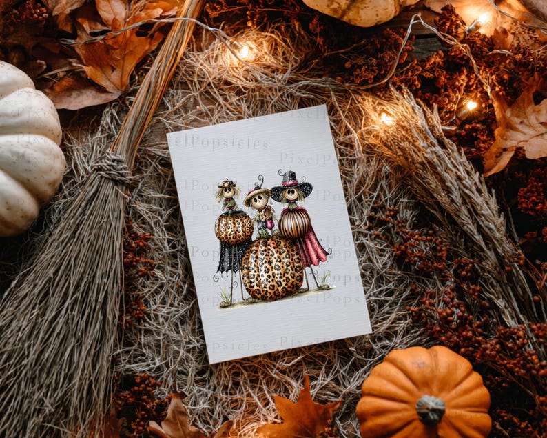 May include: A rectangular white greeting card featuring a whimsical illustration of three scarecrow-like figures standing on and beside large pumpkins with a leopard print pattern. The figures wear hats and colourful clothing, set against a plain background.