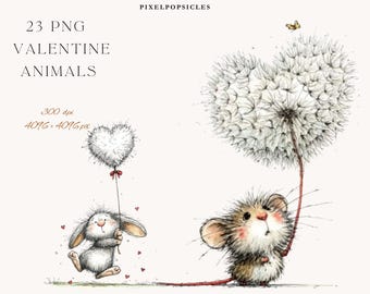 Paquete de 23 imágenes prediseñadas de acuarela de diente de león de animales de San Valentín (descarga digital) 1#