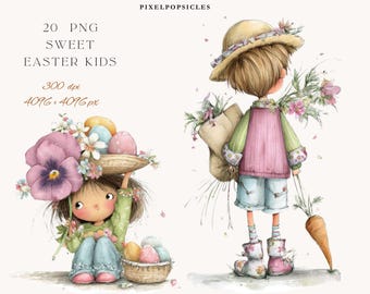 Puede incluir: Ilustración en acuarela de dos niños con motivos de Pascua. Un niño sostiene una cesta de huevos y flores, el otro lleva una bolsa de flores y una zanahoria. La imagen incluye el texto "20 PNG SWEET EASTER KIDS".