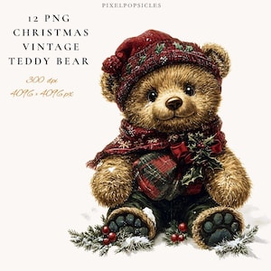 Vintage Christmas Teddy Bear Clipart: Watercolor PNG Images (Digital Download) 1#