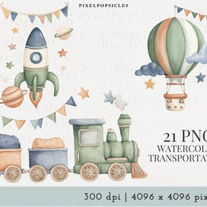Watercolor Transportation Clipart - Rocket Ship PNG, Vintage Train, Hot Air Balloon, Outer Space Nursery Decor, Kids Adventure Graphics