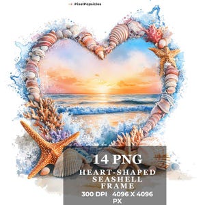 Puede incluir: Un marco en forma de corazón hecho de conchas marinas, coral y estrellas de mar. El marco está sobre un fondo de acuarela de una escena de playa con una puesta de sol y olas del océano. El texto "14 PNG HEART-SHAPED SEASHELL FRAME 300 DPI 4096 X 4096 PX" está en la parte inferior de la imagen.