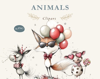 Whimsical Party Animals Clipart, Funny Birthday Animal PNG Bundle