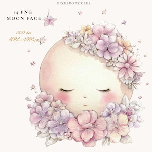 Watercolor Moon Face Clipart Bundle: Pink Floral Celestial PNG (Digital Download