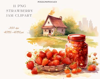 Dżem truskawkowy Clipart: Akwarelowa ilustracja farmy (PNG do pobrania)