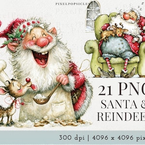K&ouml;nnte beinhalten: Aquarellillustration mit dem Weihnachtsmann und einem Rentier. Ein Weihnachtsmann lacht beim Backen, der andere schl&auml;ft in einem Stuhl mit einem Rentier. Das Bild enth&auml;lt den Text "21 PNG SANTA & REINDEER".
