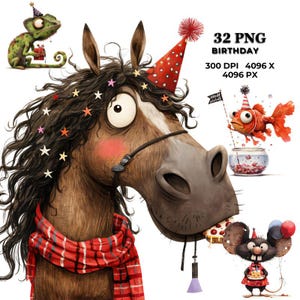 32 wunderliche Partytiere: Lustige Geburtstagsgrafiken zum Basteln und Dekorieren | PNG-Bundle | Schräge Kreaturen Clipart urkomisch