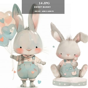 Süßes Kaninchen Kinderzimmer JPG - entzückender Aquarell Baby Kaninchen Druck, wunderliche digitale Kunst für Wanddekoration, Karten, Aufkleber & POD