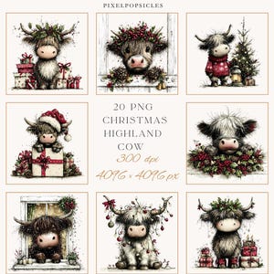 May include: A collection of watercolor illustrations featuring Highland cows in festive Christmas settings. Each cow is adorned with holiday decorations, including wreaths, Santa hats, and wrapped gifts. The text "20 PNG CHRISTMAS HIGHLAND COW" is also visible.