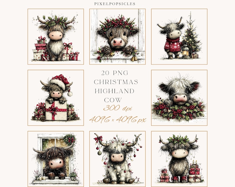 May include: A collection of watercolor illustrations featuring Highland cows in festive Christmas settings. Each cow is adorned with holiday decorations, including wreaths, Santa hats, and wrapped gifts. The text "20 PNG CHRISTMAS HIGHLAND COW" is also visible.