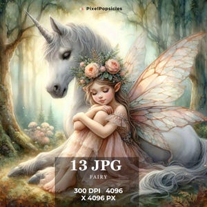 12 cliparts aquarelle belle fée et pégase - téléchargements d'images numériques Jpg fantastiques pour la fabrication de cartes, scrapbooking, journal indésirable,