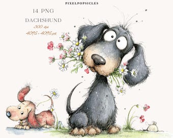 Whimsical Spring Dachshund Clipart – Floral Watercolor Sausage Dog PNGs for Spring