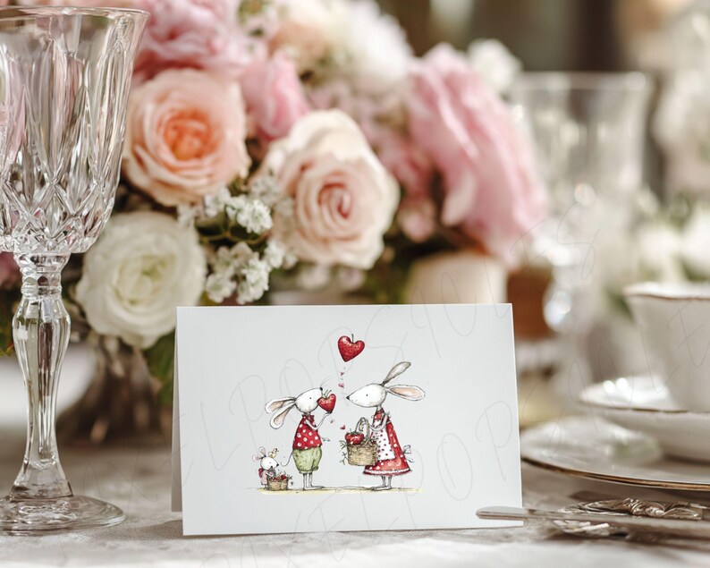 May include: A greeting card featuring a whimsical illustration of two rabbits holding hearts, with a smaller rabbit family nearby. The rabbits are dressed in red and green outfits, with a red heart floating above them. The card is set on a table with flowers and glassware.