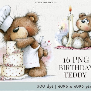 Könnte beinhalten: Digitale Illustration mit zwei Teddybären. Einer trägt eine Kochmütze und Schürze und hält eine dreistöckige Torte mit rosa Rosen. Der andere sitzt mit einer brennenden Kerze. Text: "16 PNG BIRTHDAY TEDDY."