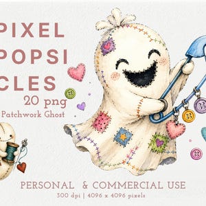 Op de afbeelding: Een digitale illustratie van een patchwork geest met gestikte details, die een grote blauwe veiligheidsspeld vasthoudt versierd met kleurrijke knopen en hartvormige bedels. De tekst luidt PIXEL POPSICLES 20 png Cute Patchwork Ghost PERSONAL & COMMERCIAL USE 300 dpi 4096 x 4096 pixels.