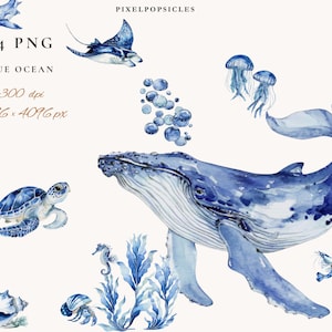 Pode incluir: Ilustrações em aquarela de vida marinha azul, incluindo uma baleia, tubarão, arraia, águas-vivas, cavalo-marinho e tartaruga. O texto "54 PNG Blue Ocean" e detalhes de resolução são exibidos.
