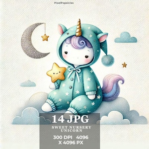 Pastel Unicorn Clipart: Watercolor Nursery Art (Commercial Use JPG)