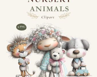 Imágenes prediseñadas de animales de guardería en acuarela, 31 adorables imágenes PNG de animales bebés.