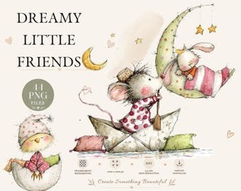 Images clipart d'animaux mignons pour chambre d'enfant, 44 illustrations aquarelles de souris, lapins et poussins (PNG), pour l'heure du coucher