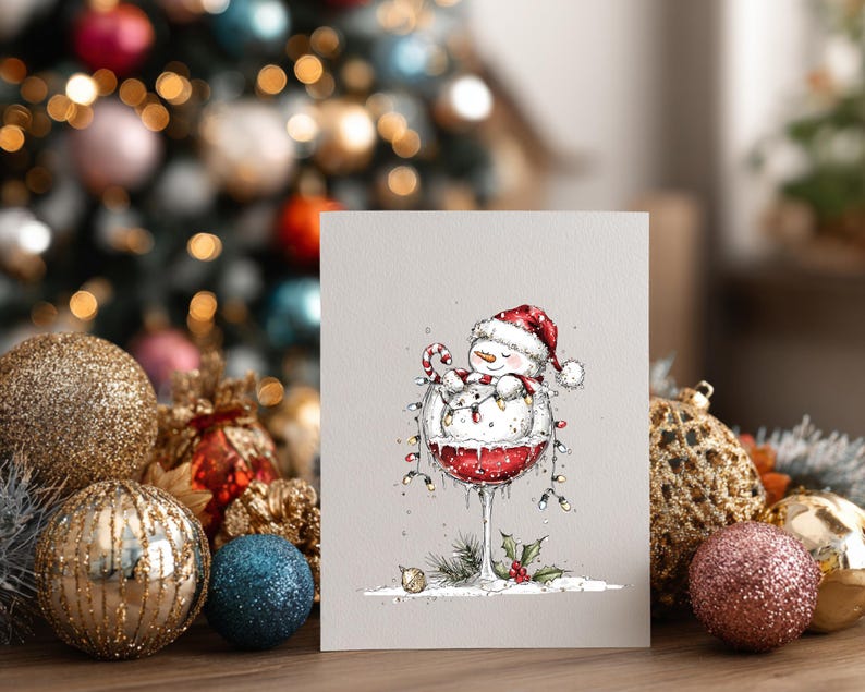 Peut inclure: Une carte de v&oelig;ux rectangulaire pr&eacute;sentant une illustration &agrave; l'encre et &agrave; l'aquarelle d'un bonhomme de neige souriant portant un bonnet de P&egrave;re No&euml;l rouge, assis dans un grand verre &agrave; vin rempli de liquide rouge, orn&eacute; de guirlandes lumineuses.