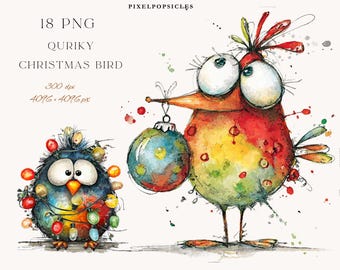 Ensemble d'images clipart d'oiseaux de Noël, aquarelle d'hiver (PNG)
