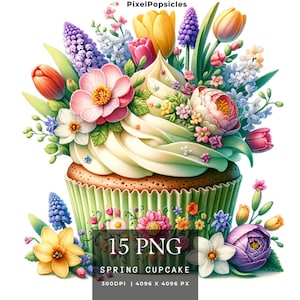 Op de afbeelding: Een groene cupcake met witte frosting en een verscheidenheid aan lentebloemen, waaronder paarse, roze, gele en blauwe bloemen. De cupcake is versierd met witte sprinkles. De tekst "15 PNG SPRING CUPCAKE 300DPI | 4096 X 4096 PX" staat onderaan de afbeelding.
