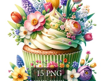 Könnte beinhalten: Ein grüner Cupcake mit weißem Frosting und einer Vielzahl von Frühlingsblumen, darunter lila, rosa, gelbe und blaue Blumen. Der Cupcake ist mit weißen Streuseln verziert. Der Text "15 PNG SPRING CUPCAKE 300DPI | 4096 X 4096 PX" befindet sich am unteren Rand des Bildes.