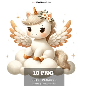 Pastel Pegasus Clipart: Watercolor Unicorn Graphics, Nursery Art (PNG)