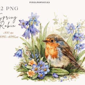 Spring Robin Watercolor PNG Clipart, Woodland Bird with Wildflowers, High Resolution 300 DPI