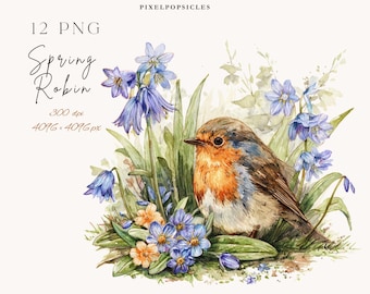 Spring Robin Watercolor PNG Clipart, Woodland Bird with Wildflowers, High Resolution 300 DPI