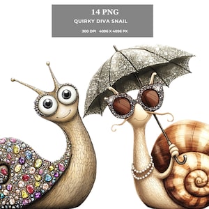Quirky Diva Snail Clipart – Quirky Funny Snail PNG, Whimsical Glam Animal Digital Art for Cards, T-Shirts, Stickers, Sublimation & POD