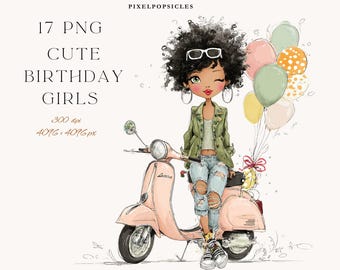 Fashion Birthday Girls Clipart Set – 17 PNG Stylish Girls with Gifts 1#