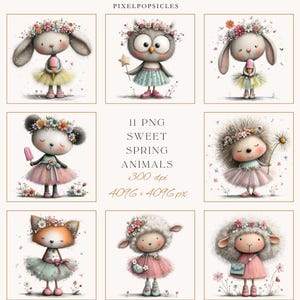 May include: Nine watercolor illustrations of adorable spring animals, including a bunny, owl, mouse, hedgehog, fox, and sheep. Each animal is wearing a floral crown and a tutu. The text reads "11 PNG Sweet Spring Animals 300 dpi 4096 x 4096 px".