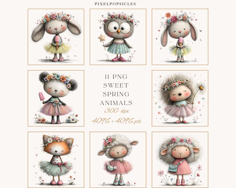 May include: Nine watercolor illustrations of adorable spring animals, including a bunny, owl, mouse, hedgehog, fox, and sheep. Each animal is wearing a floral crown and a tutu. The text reads "11 PNG Sweet Spring Animals 300 dpi 4096 x 4096 px".