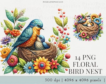 水彩画「春の鳥の巣」クリップアート：花柄JPGイラスト（デジタル