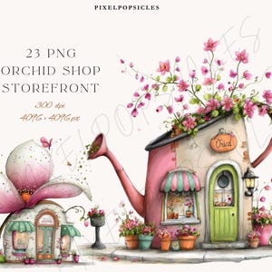 Può includere: Illustrazione ad acquerello di una vetrina di un negozio di orchidee. L'immagine presenta un annaffiatoio e un edificio a forma di fiore, entrambi che fungono da vetrine. Il negozio dell'annaffiatoio ha un esterno rosa, una porta verde e una tenda a strisce. Il negozio di fiori ha un esterno bianco e una tenda verde. Il testo "23 PNG ORCHID SHOP STOREFRONT" è incluso.