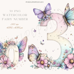 水彩画の妖精の数字クリップアート：誕生日PNGセット（デジタル）