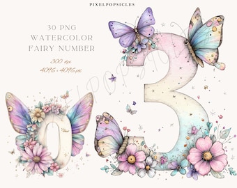 Watercolor Fairy Number Clipart: Birthday PNG Set (Digital)