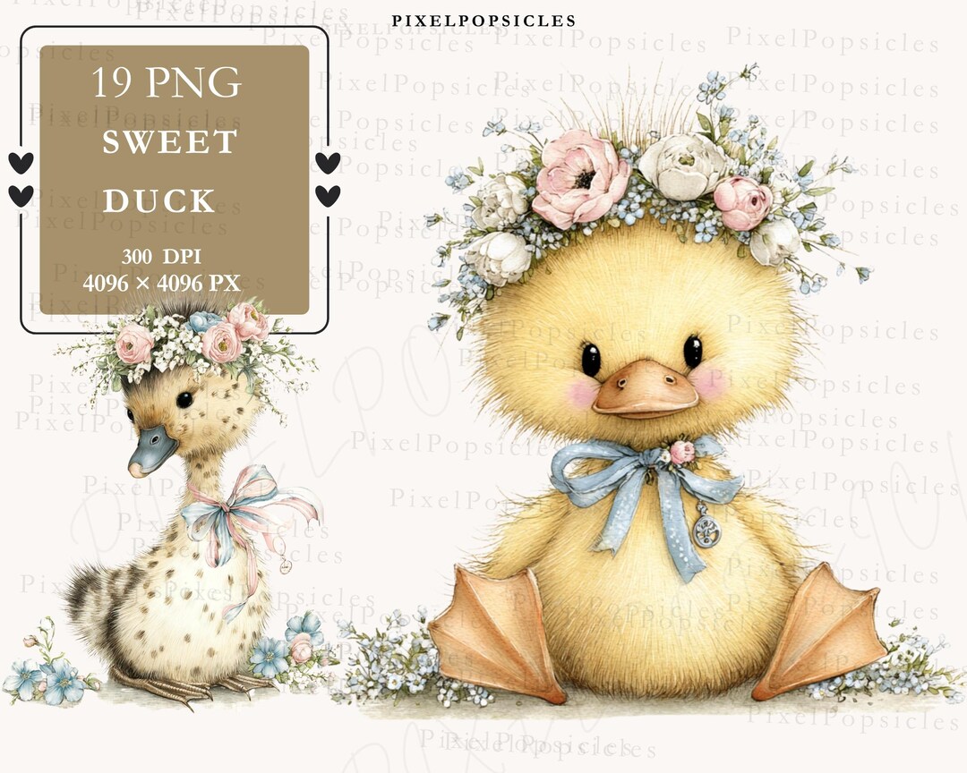 Watercolor Duck Clipart Set - Baby Farm Animals PNG, Spring Floral ...