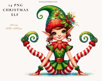 Kerstelfje in aquarel clipart: feestelijke PNG-illustraties