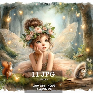 11 Clipart di fatine acquerellabili - Immagini digitali fantasy in formato Jpg da scaricare per la creazione di biglietti, album, diari di carta, lavori di carta