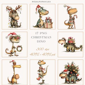 May include: A collection of watercolor illustrations featuring whimsical dinosaurs in festive Christmas attire. Each dinosaur is adorned with holiday accessories like Santa hats, garlands, and wrapped gifts. The text "17 PNG CHRISTMAS DINO" is visible.