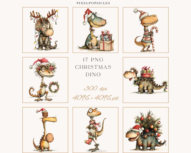 May include: A collection of watercolor illustrations featuring whimsical dinosaurs in festive Christmas attire. Each dinosaur is adorned with holiday accessories like Santa hats, garlands, and wrapped gifts. The text "17 PNG CHRISTMAS DINO" is visible.