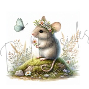 May include: A small, grey mouse wearing a flower crown holds a single pink flower. The mouse is sitting on a mossy rock with a blue butterfly flying in the background.